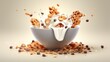 Cornflakes falling into a glass bowl with milk splashes. Healthy Food concept with a copy space.