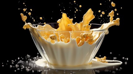 Poster - Cornflakes falling into a glass bowl with milk splashes. Healthy Food concept with a copy space.