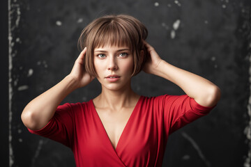 Wall Mural - Beautiful  woman portrait  in a red dress stands on a gray background