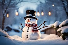 A Snowy Backyard With A Charming Snowman Wearing A Festive Scarf And Top Hat.