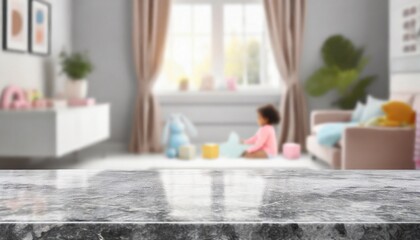 Empty gray stone table in baby room interior