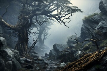  Mystical trees thrive on rocky terrain amidst a misty woodland. Digital artwork. Generative AI