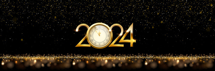 Wall Mural - 2024 Happy New Year clock countdown background. Gold glitter shining in light with sparkles abstract celebration. Greeting festive card vector illustration. Merry holiday poster or wallpaper design