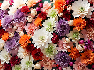 Wall Mural - Flowers wall background with amazing red,orange,pink,purple,green and white chrysanthemum flowers ,Wedding decoration, hand made Beautiful flower wall background