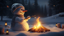 A Snowman In A Scarf Sits Next To A Campfire In A Snowy Forest