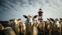 Curious Sheep Looking At The Camera Near The Lighthouse On The Beach, With Sky And Sea.