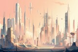 Fototapeta Nowy Jork - Modern cityscape with futuristic skyscrapers in soft tones. Generative AI
