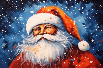 Wall Mural - Art Portrait of Happy Santa Claus with a red and white santa hat, Christmas scene, Winter holidays, snow background, Front view. Generative AI