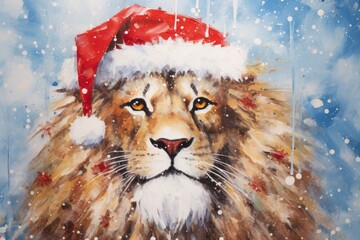 Wall Mural - Art Portrait of Happy Lion animal with a red and white santa hat, Christmas scene, Winter holidays, snow background, collection Christmas animals. Front view. Generative AI