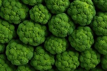 Green Broccolis Background. Bio Fruit And Vegetables Market Displays. Top View, Generative AI