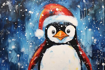 Wall Mural - Portrait of Happy Penguin animal with a red and white santa hat, Christmas scene, Winter holidays, snow background, collection Christmas animals. Front view. Generative AI