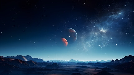 A breathtaking alien landscape featuring majestic mountains with mesmerizing planets against a starlit cosmic backdrop.