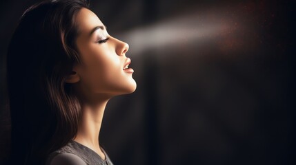 Wall Mural - Beautiful young woman with closed eyes and white smoke on dark background Generative AI