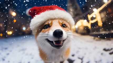Fox on Santa hat on blur bokeh background
