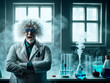 scienziato pazzo in laboratorio chimico