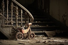 A Child's Toy Lies Forgotten On A Decaying Staircase.