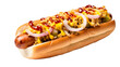 © Jan - Transparent close-up of a gourmet hotdog, loaded with toppings and condiments.