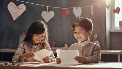 Wall Mural - Two children a boy an girl in love making a Valentines card with hearts. created homemade greeting card. A little girl and boy painted and colored card with funny hearts. Gift for Valentines day. 