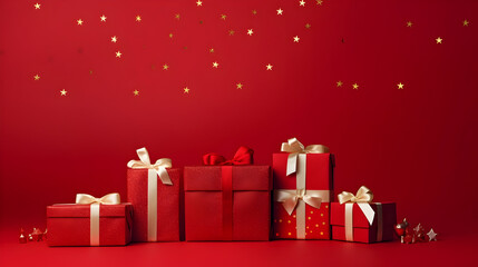 Wall Mural - christmas gifts with red ribbons, golden stars and decorations in a row on red abstract background.