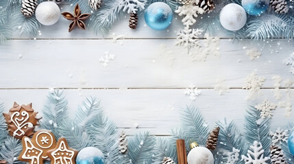 Wall Mural - blue christmas balls and gingerbread pieces with spruce branches and pine cones covered with snow an