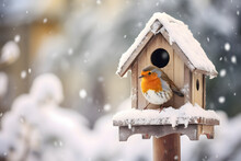 Cute Small Bird Next To Feeding House In Snow During Winter