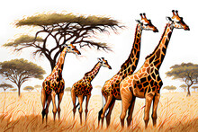 Draw Three Giraffes Grazing On An African Grassland. Generative AI