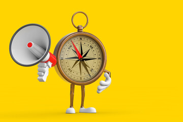 Poster - Antique Vintage Brass Compass Cartoon Person Character Mascot with Red Retro Megaphone. 3d Rendering