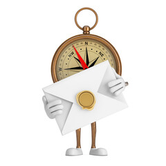 Poster - Antique Vintage Brass Compass Cartoon Person Character Mascot with White Blank Envelope. 3d Rendering