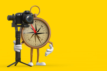 Poster - Antique Vintage Brass Compass Cartoon Person Character Mascot with DSLR or Video Camera Gimbal Stabilization Tripod System. 3d Rendering
