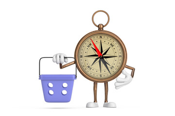 Aufkleber - Antique Vintage Brass Compass Cartoon Person Character Mascot with Cartoon Shopping Basket. 3d Rendering