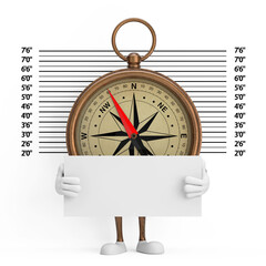 Aufkleber - Antique Vintage Brass Compass Cartoon Person Character Mascot with Identification Plate in front of Police Lineup or Mugshot Background. 3d Rendering