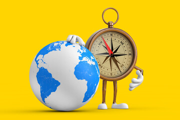Poster - Antique Vintage Brass Compass Cartoon Person Character Mascot with Earth Globe. 3d Rendering