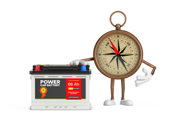 Leinwandbilder - Antique Vintage Brass Compass Cartoon Person Character Mascot and Rechargeable Car Battery 12V Accumulator with Abstract Label. 3d Rendering