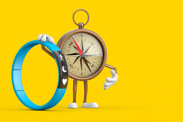 Aufkleber - Antique Vintage Brass Compass Cartoon Person Character Mascot with Blue Fitness Tracker. 3d Rendering