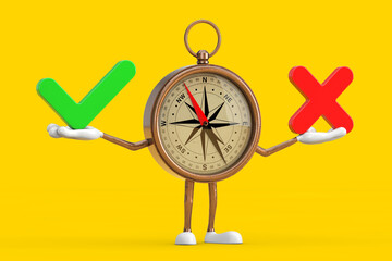 Aufkleber - Antique Vintage Brass Compass Cartoon Person Character Mascot with Red Cross and Green Check Mark, Confirm or Deny, Yes or No Icon Sign. 3d Rendering