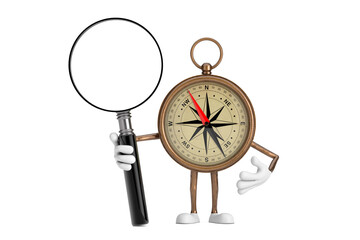 Poster - Antique Vintage Brass Compass Cartoon Person Character Mascot with Magnifying Glass. 3d Rendering