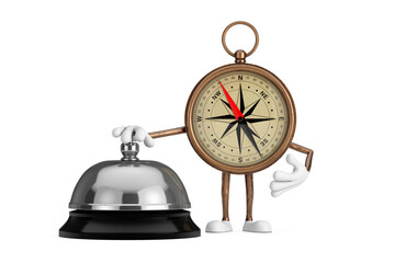 Poster - Antique Vintage Brass Compass Cartoon Person Character Mascot with Hotel Service Bell Call. 3d Rendering