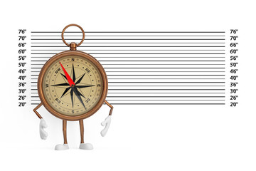 Aufkleber - Antique Vintage Brass Compass Cartoon Person Character Mascot in front of Police Lineup or Mugshot Background. 3d Rendering