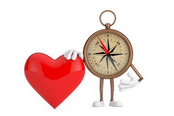 Aufkleber - Antique Vintage Brass Compass Cartoon Person Character Mascot with Red Heart. 3d Rendering
