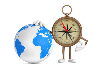 Poster - Antique Vintage Brass Compass Cartoon Person Character Mascot with Earth Globe. 3d Rendering
