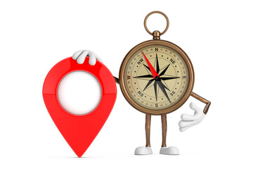 Fototapete - Antique Vintage Brass Compass Cartoon Person Character Mascot with Red Target Map Pointer Pin. 3d Rendering