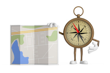 Aufkleber - Antique Vintage Brass Compass Cartoon Person Character Mascot with Abstract City Plan Map. 3d Rendering