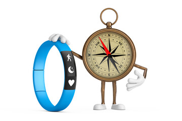 Aufkleber - Antique Vintage Brass Compass Cartoon Person Character Mascot with Blue Fitness Tracker. 3d Rendering