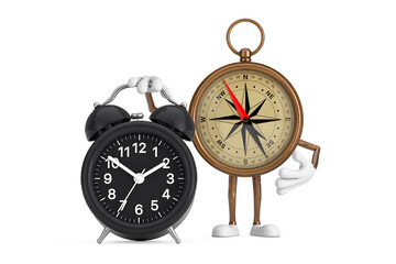 Leinwandbilder - Antique Vintage Brass Compass Cartoon Person Character Mascot  with Alarm Clock. 3d Rendering