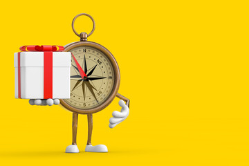 Aufkleber - Antique Vintage Brass Compass Cartoon Person Character Mascot and Gift Box with Red Ribbon. 3d Rendering