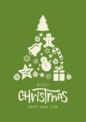 Wall Mural - Merry Christmas and Happy New Year lettering with christmas tree made of christmas decorations. Christmas card concept