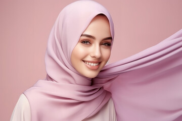 Wall Mural - 
image of a beautiful muslim woman, in the style of light purple and light crimson, joyful and optimistic, minimal retouching, glossy finish