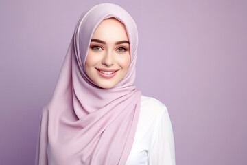 Wall Mural - 
image of a beautiful muslim woman, in the style of light purple and light crimson, joyful and optimistic, minimal retouching, glossy finish