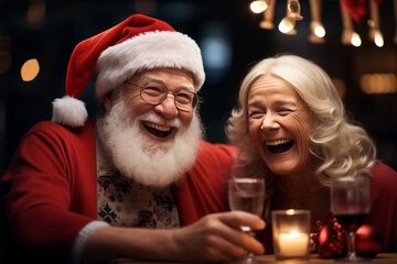 Wall Mural - happy elderly couple in christmas hats having fun. Funny and cool image for creative christmas ad campaign