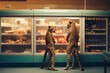 Two hungry leopards stand on two legs in a supermarket in the meat section. They make sure no one is watching them. Abstract composition with animals as people. Funny creative scene.